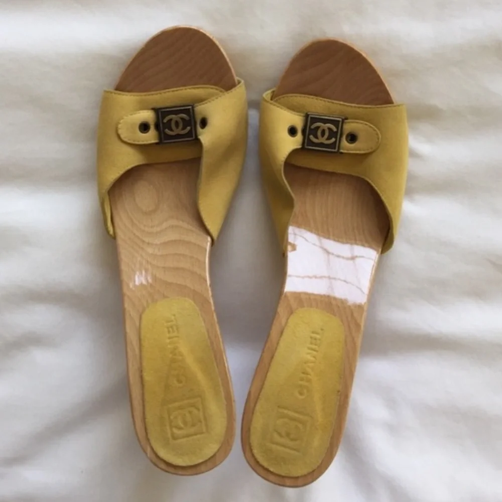 Yellow Chanel peep toe buckle clogs sz 40